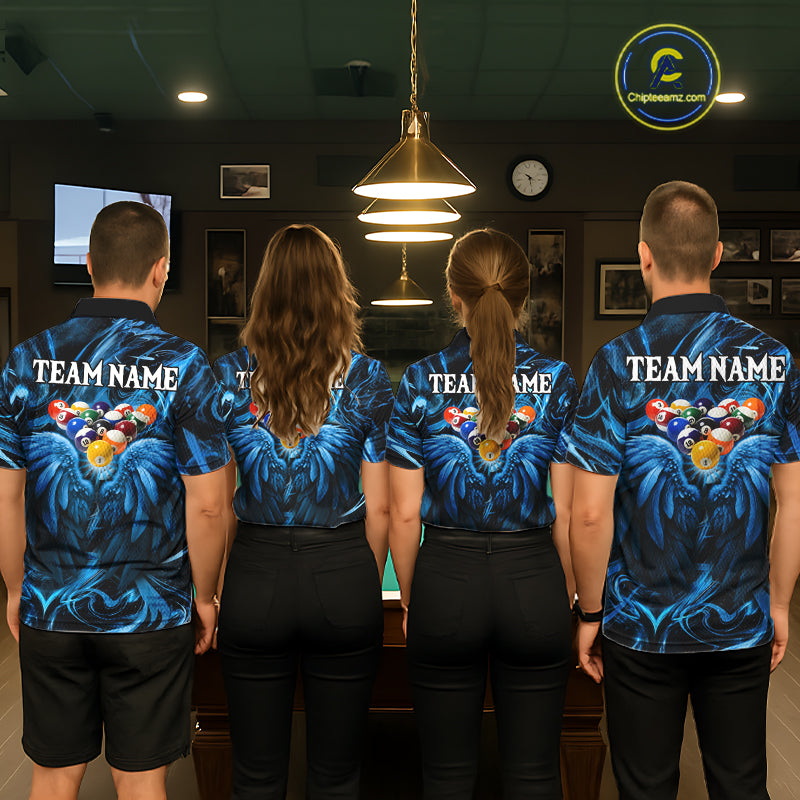 Custom Blue Liquid Swirl 8 Ball Wings Billiard Shirts For Women, Pool Team Jersey Polo & 1/4 Zip TDM8097