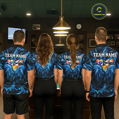 Custom Blue Liquid Swirl 8 Ball Wings Billiard Shirts For Women, Pool Team Jersey Polo & 1/4 Zip TDM8097