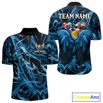 Custom Blue Liquid Swirl 8 Ball Wings Billiard Shirts For Men, Pool Team Jersey Polo & 1/4 Zip TDM8097