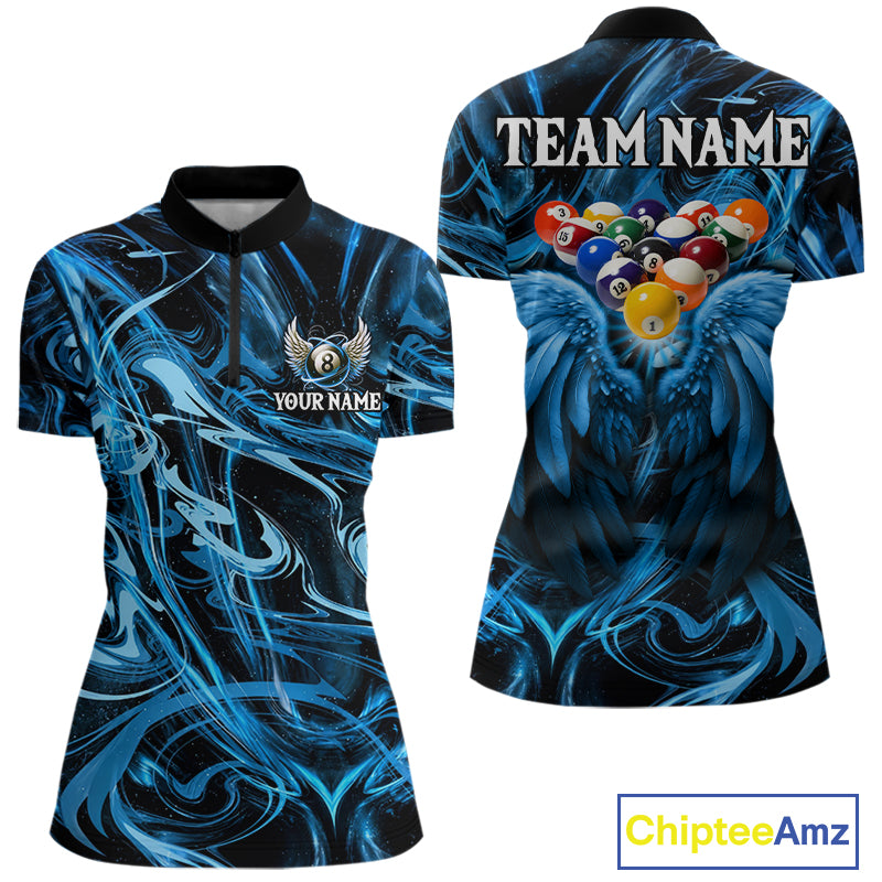 Custom Blue Liquid Swirl 8 Ball Wings Billiard Shirts For Women, Pool Team Jersey Polo & 1/4 Zip TDM8097