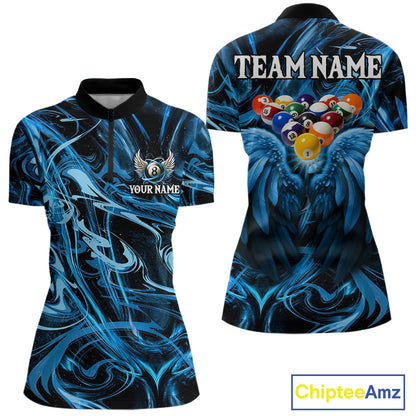 Custom Blue Liquid Swirl 8 Ball Wings Billiard Shirts For Women, Pool Team Jersey Polo & 1/4 Zip TDM8097