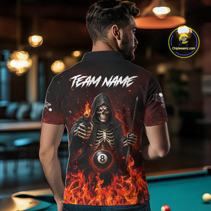 Personalized Fire Flame Grim Reaper Billiard Shirts For Men Custom 8 Ball Pool Team Jersey TDM8103