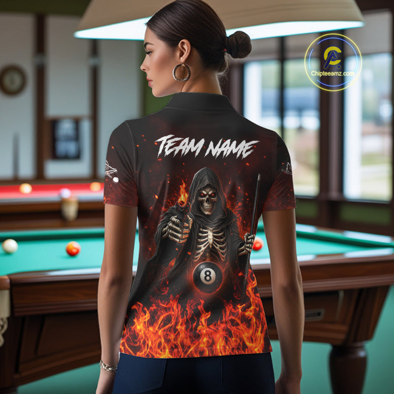 Personalized Fire Flame Grim Reaper Billiard Shirts For Women Custom 8 Ball Pool Team Jersey TDM8103