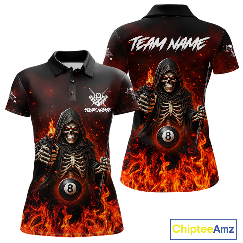 Personalized Fire Flame Grim Reaper Billiard Shirts For Women Custom 8 Ball Pool Team Jersey TDM8103