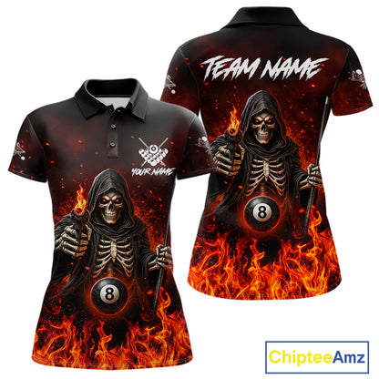 Personalized Fire Flame Grim Reaper Billiard Shirts For Women Custom 8 Ball Pool Team Jersey TDM8103