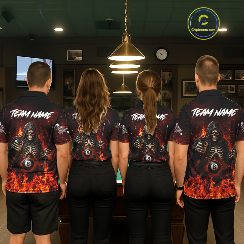 Personalized Fire Flame Grim Reaper Billiard Shirts For Men Custom 8 Ball Pool Team Jersey TDM8103
