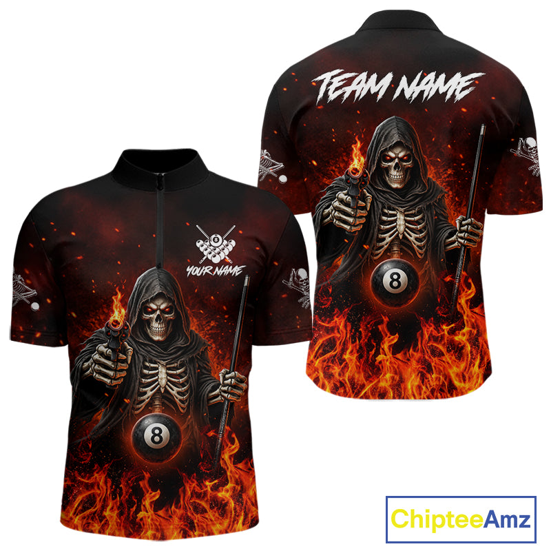 Personalized Fire Flame Grim Reaper Billiard Shirts For Men Custom 8 Ball Pool Team Jersey TDM8103