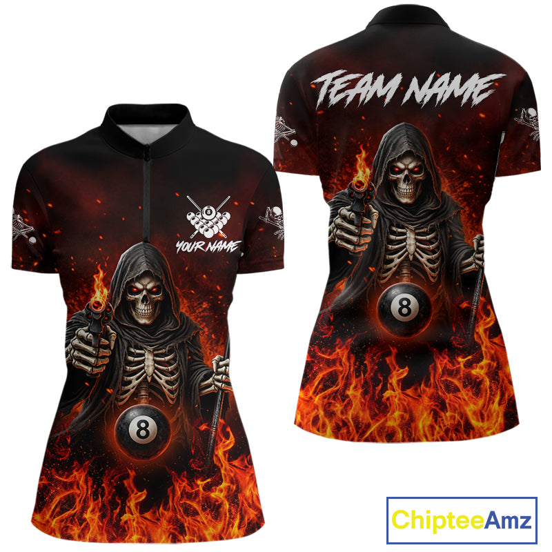 Personalized Fire Flame Grim Reaper Billiard Shirts For Women Custom 8 Ball Pool Team Jersey TDM8103