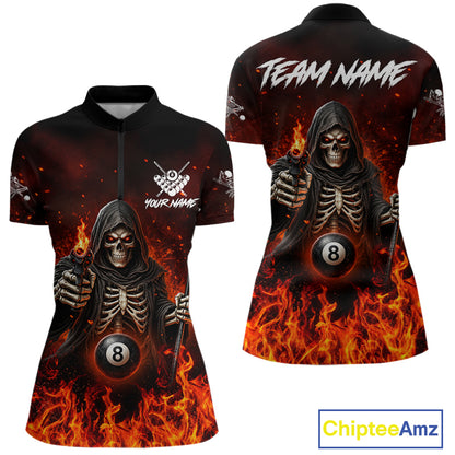 Personalized Fire Flame Grim Reaper Billiard Shirts For Women Custom 8 Ball Pool Team Jersey TDM8103