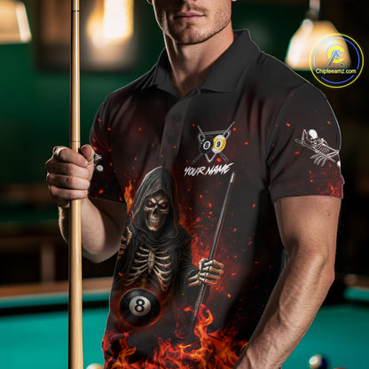 Personalized Fire Flame Grim Reaper Billiard Shirt For Men Custom 8 Ball & 9 Ball Pool Team Jersey TDM8104