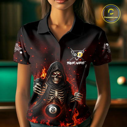 Personalized Fire Flame Grim Reaper Billiard Shirt For Women Custom 8 Ball & 9 Ball Pool Team Jersey TDM8104