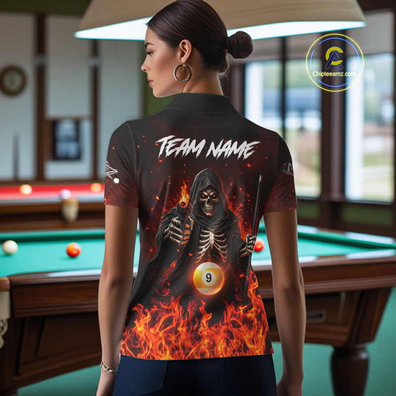 Personalized Fire Flame Grim Reaper Billiard Shirt For Women Custom 8 Ball & 9 Ball Pool Team Jersey TDM8104
