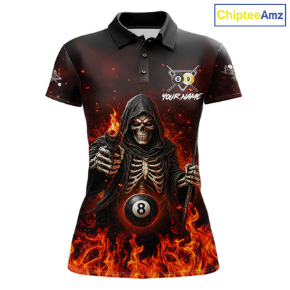 Personalized Fire Flame Grim Reaper Billiard Shirt For Women Custom 8 Ball & 9 Ball Pool Team Jersey TDM8104
