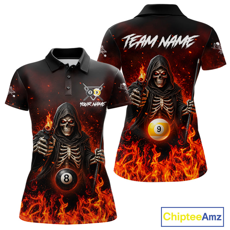 Personalized Fire Flame Grim Reaper Billiard Shirt For Women Custom 8 Ball & 9 Ball Pool Team Jersey TDM8104