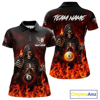 Personalized Fire Flame Grim Reaper Billiard Shirt For Women Custom 8 Ball & 9 Ball Pool Team Jersey TDM8104