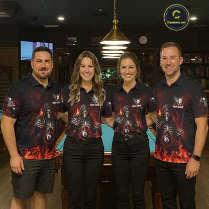 Personalized Fire Flame Grim Reaper Billiard Shirt For Men Custom 8 Ball & 9 Ball Pool Team Jersey TDM8104