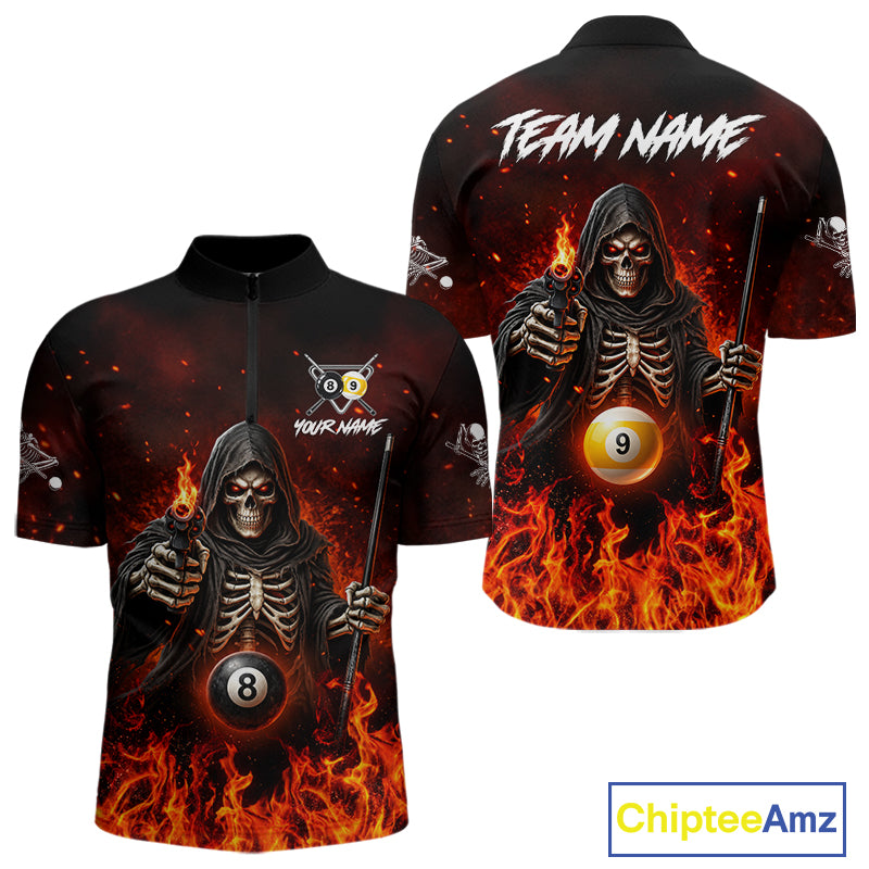 Personalized Fire Flame Grim Reaper Billiard Shirt For Men Custom 8 Ball & 9 Ball Pool Team Jersey TDM8104