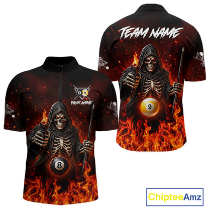 Personalized Fire Flame Grim Reaper Billiard Shirt For Men Custom 8 Ball & 9 Ball Pool Team Jersey TDM8104