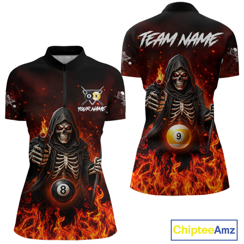 Personalized Fire Flame Grim Reaper Billiard Shirt For Women Custom 8 Ball & 9 Ball Pool Team Jersey TDM8104