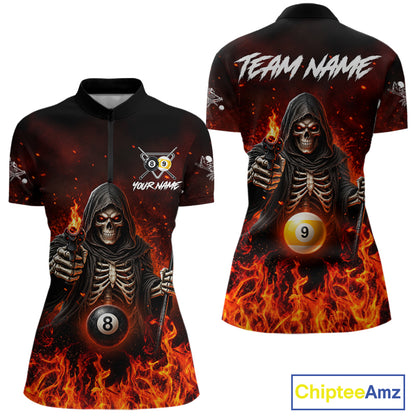Personalized Fire Flame Grim Reaper Billiard Shirt For Women Custom 8 Ball & 9 Ball Pool Team Jersey TDM8104