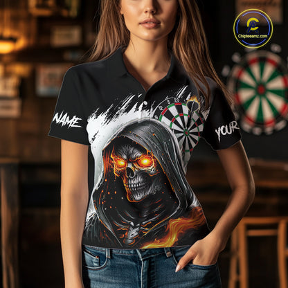 Personalized Grim Reaper Fire Dart Shirts For Women Custom Skull Dart Jersey Polo & 1/4 Zip |White TDM5369