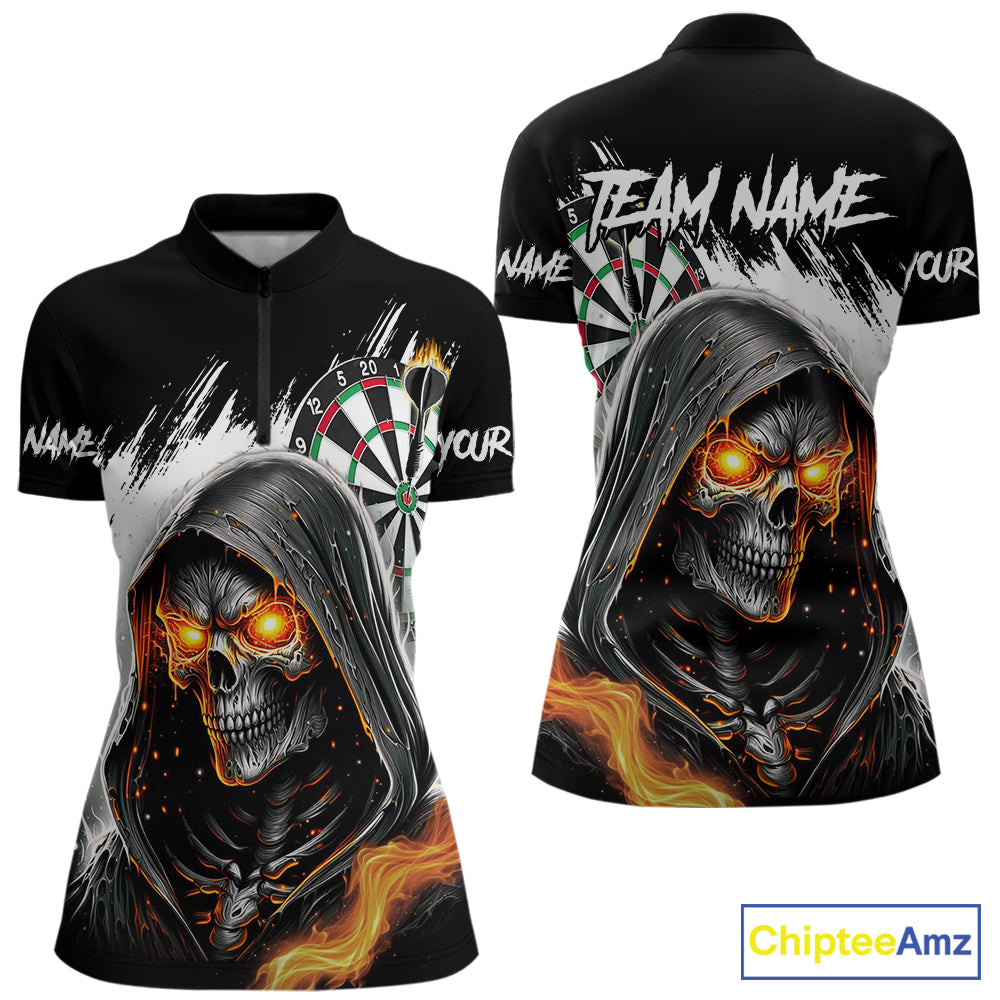 Personalized Grim Reaper Fire Dart Shirts For Women Custom Skull Dart Jersey Polo & 1/4 Zip |White TDM5369