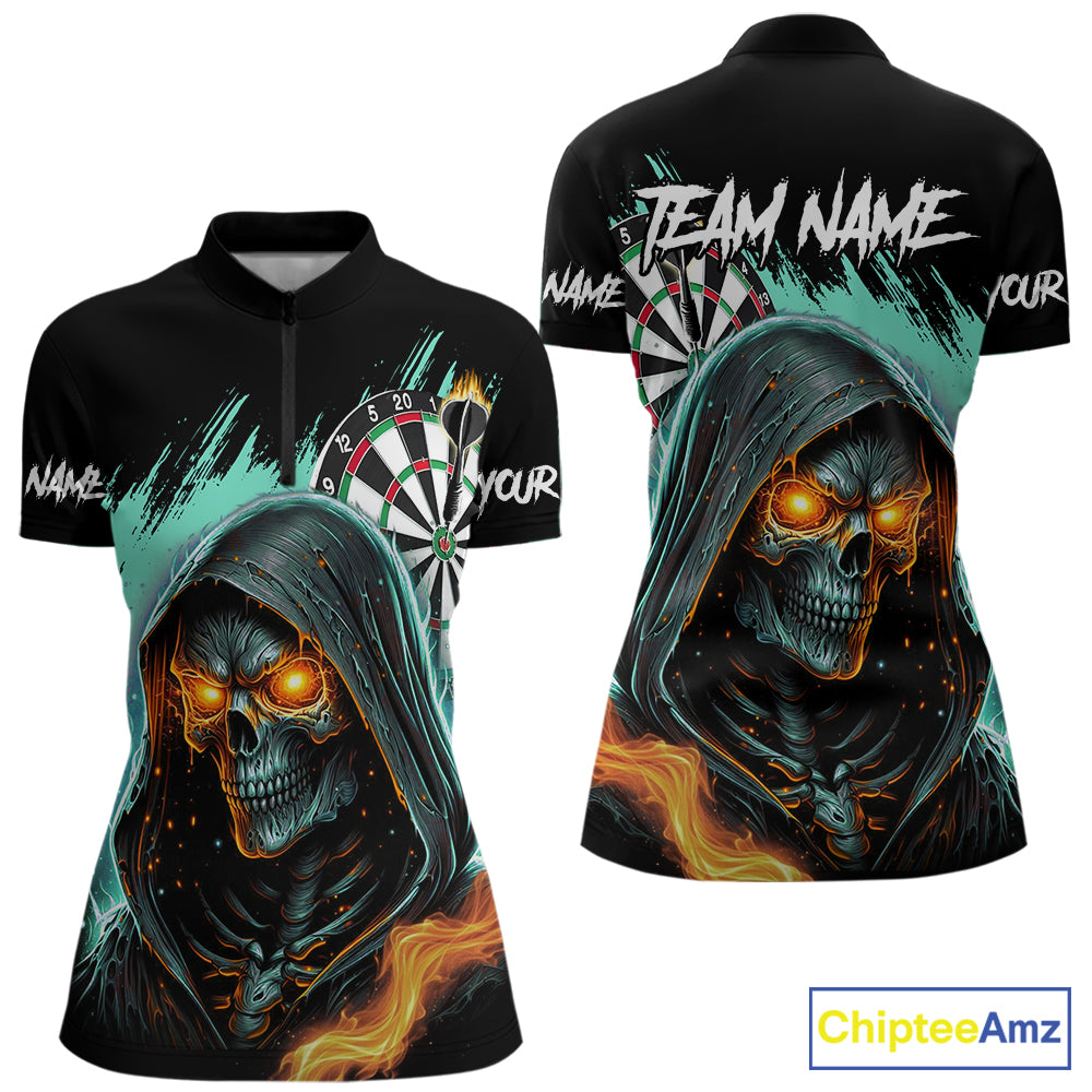 Personalized Grim Reaper Fire Dart Shirts For Women Custom Skull Dart Jersey Polo & 1/4 Zip |Turquoise TDM5370