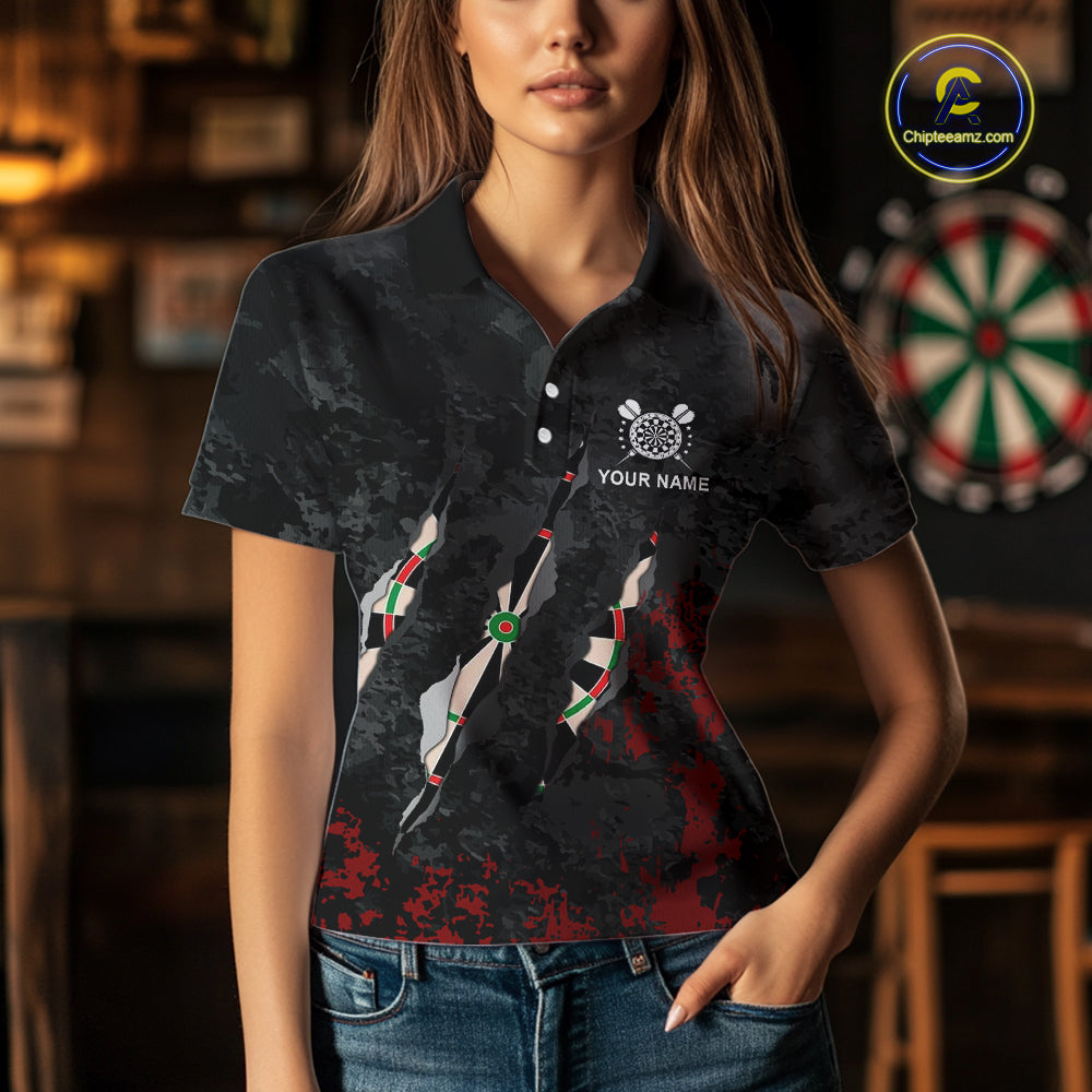 Custom Red Black Grunge Dart Shirts With Pocket Option For Women, Darts Jersey TDM5371