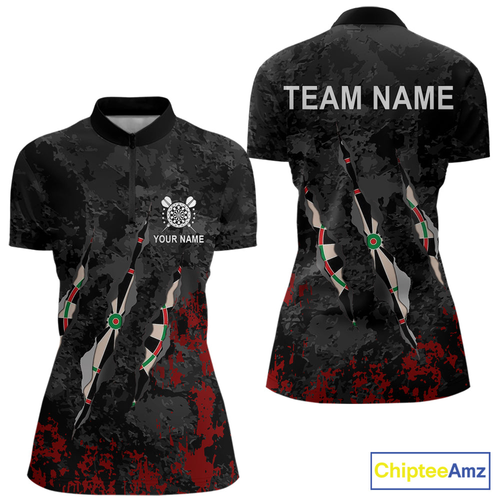 Custom Red Black Grunge Dart Shirts With Pocket Option For Women, Darts Jersey TDM5371