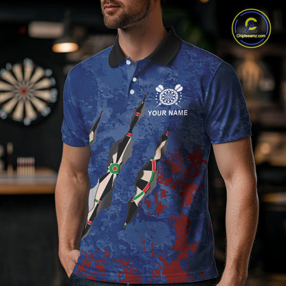 Custom Blue Red Grunge Dart Shirts With Pocket Option For Men, Darts Jersey TDM5372