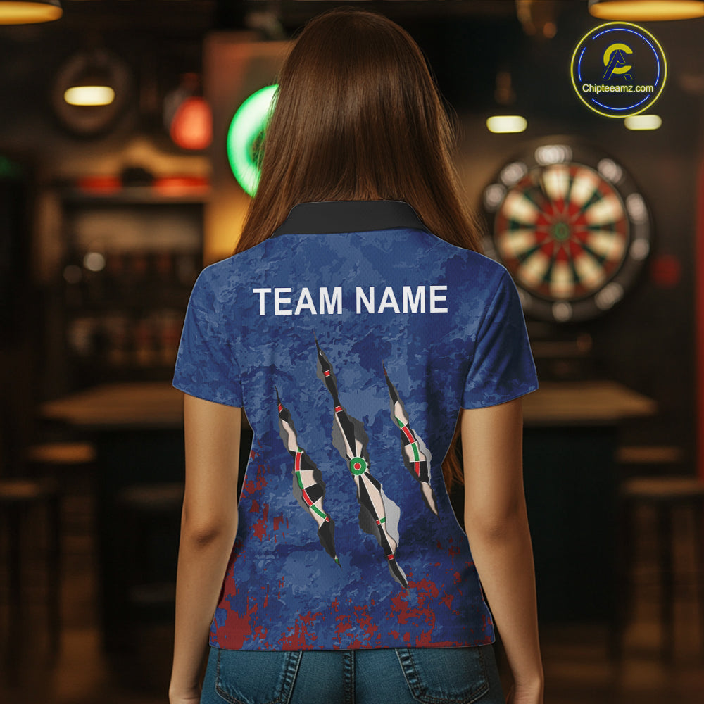 Custom Blue Red Grunge Dart Shirts With Pocket Option For Women, Darts Jersey TDM5372