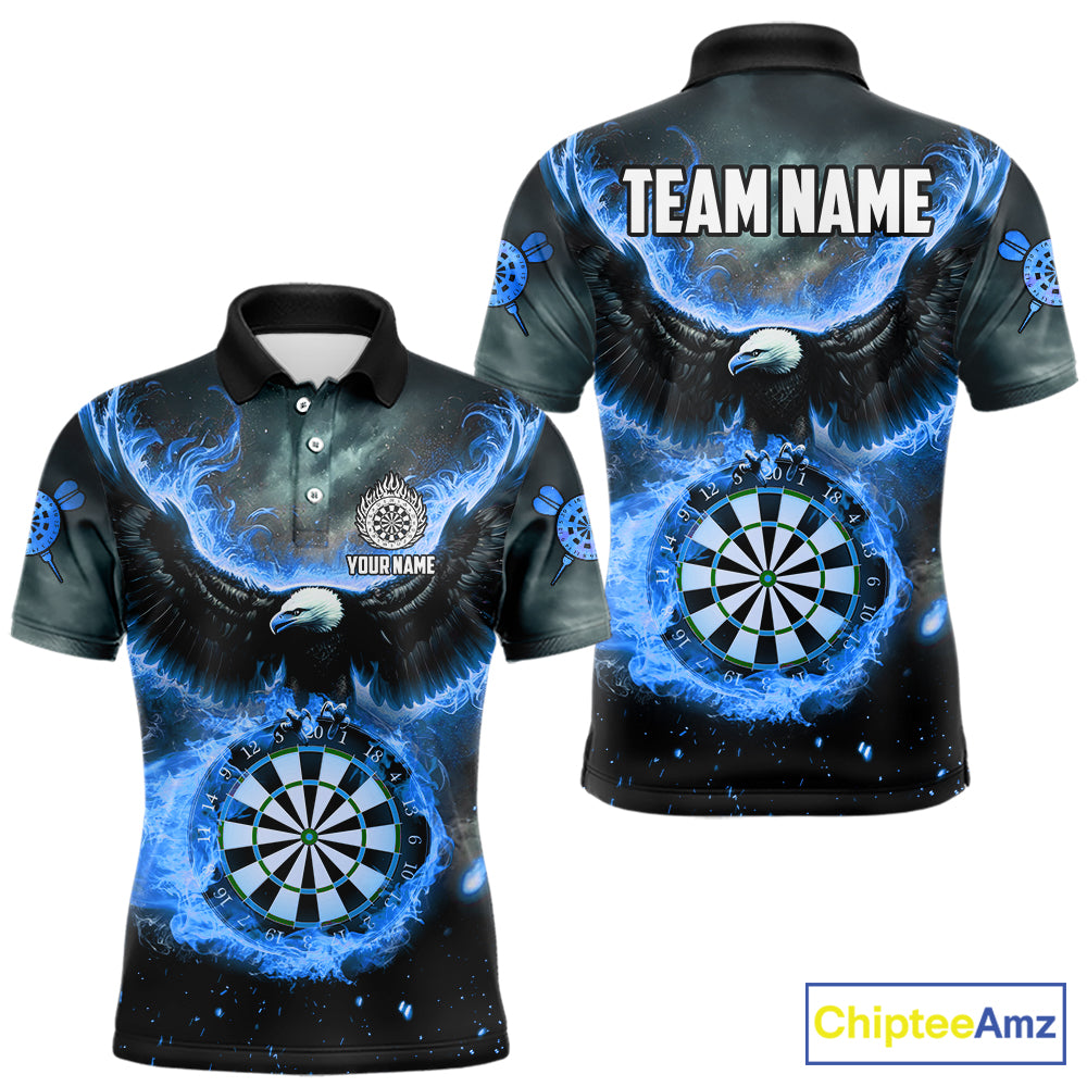 Personalized Fire Flame Blue Dartboard Eagle Dart Shirts For Men, Darts League Team Jerseys TDM5373