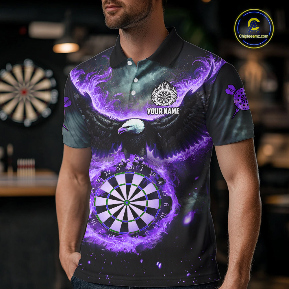 Personalized Fire Flame Purple Dartboard Eagle Dart Shirts For Men, Darts League Team Jerseys TDM5374