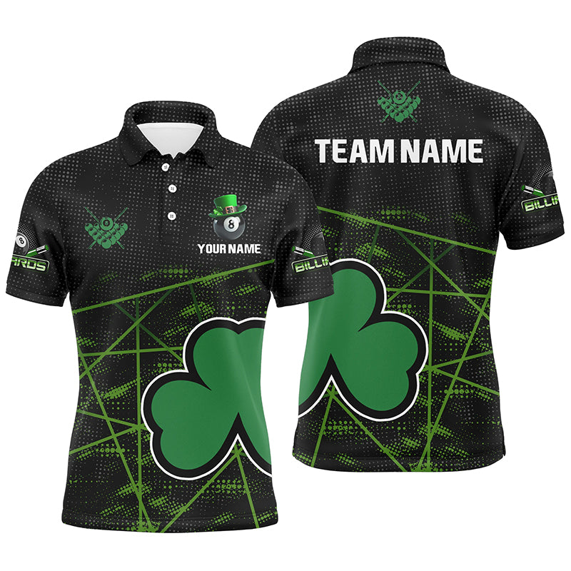 Custom Black Green St Patrick's Day Shamrock Billiard Men Polo Shirts, Patrick Billiard Jerseys TDM1046