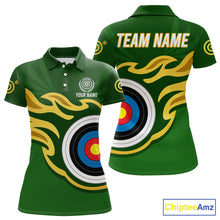 Load image into Gallery viewer, Personalized Green Archery Flame Polo &amp; 1/4 Zip For Women Custom Golden Archery Team Jersey TDM5871