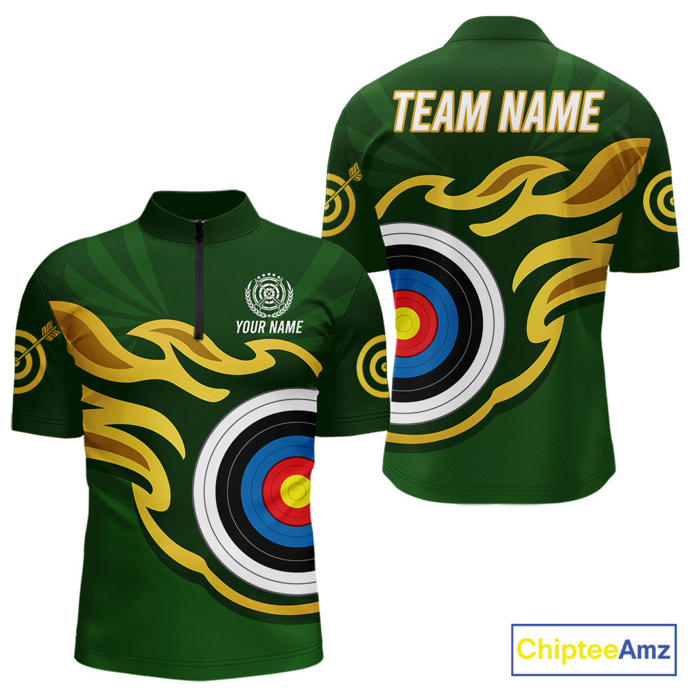 Personalized Green Archery Flame Polo & 1/4 Zip For Men Custom Golden Archery Team Jersey TDM5871