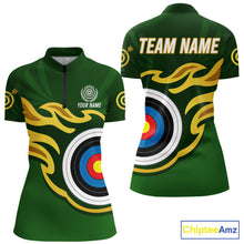 Load image into Gallery viewer, Personalized Green Archery Flame Polo &amp; 1/4 Zip For Women Custom Golden Archery Team Jersey TDM5871