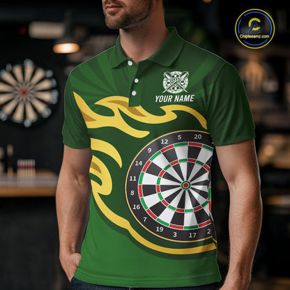 Personalized Green Dartboard Flame Gold Darts Shirt For Men, Darts Jersey Team Polo & 1/4 Zip TDM5872