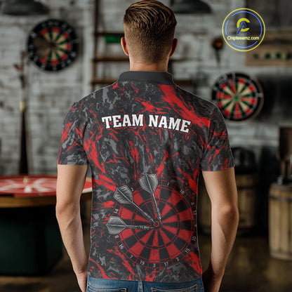 Custom Black And Red Grunge Camo Dart Shirts For Men, Camouflage Dart Team Jersey Polo & 1/4 Zip TDM3959