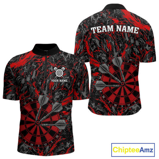 Custom Black And Red Grunge Camo Dart Shirts For Men, Camouflage Dart Team Jersey Polo & 1/4 Zip TDM3959