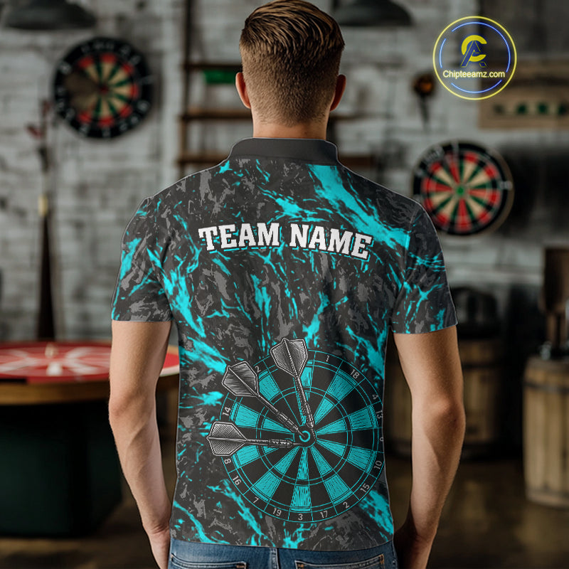 Custom Black And Blue Grunge Camo Dart Shirts For Men, Camouflage Dart Team Jersey Polo & 1/4 Zip TDM3960
