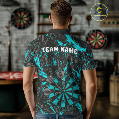 Custom Black And Blue Grunge Camo Dart Shirts For Men, Camouflage Dart Team Jersey Polo & 1/4 Zip TDM3960