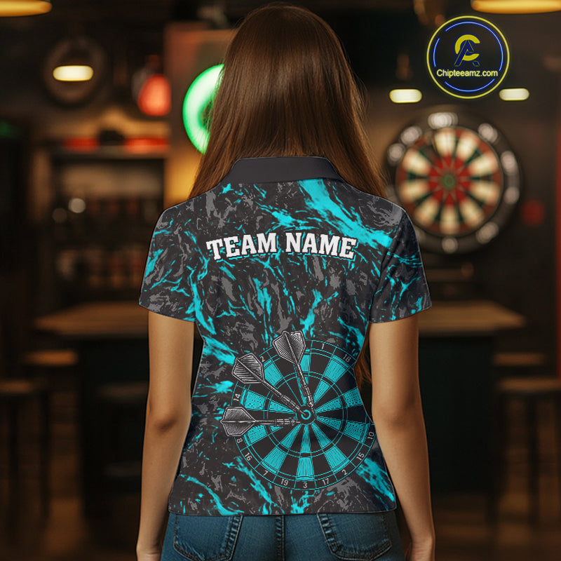 Custom Black And Blue Grunge Camo Dart Shirts For Women, Camouflage Dart Team Jersey Polo & 1/4 Zip TDM3960