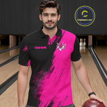 Load image into Gallery viewer, Male model wearing the Custom Pink and Black Strike Bowling polo shirt with vibrant pink and black bowling graphics, front view