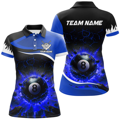 Personalized Blue 8 Ball Pool Crack Flame Women Billiard Jerseys, Team League Billiard Team Shirts TDM2439