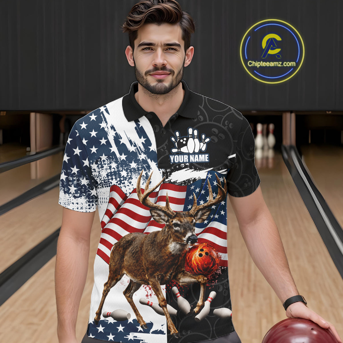 American Flag Deer Bowling Shirts For Men Custom Patriotic Black Camo Bowling Team Jersey TDM7453