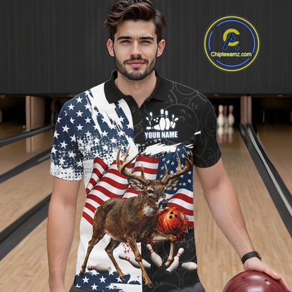 American Flag Deer Bowling Shirts For Men Custom Patriotic Black Camo Bowling Team Jersey TDM7453