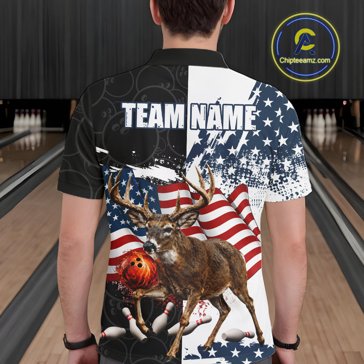 American Flag Deer Bowling Shirts For Men Custom Patriotic Black Camo Bowling Team Jersey TDM7453