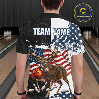American Flag Deer Bowling Shirts For Men Custom Patriotic Black Camo Bowling Team Jersey TDM7453