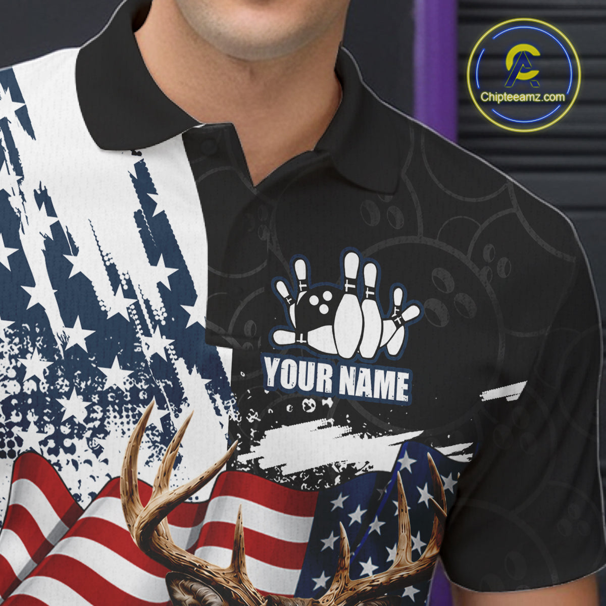 American Flag Deer Bowling Shirts For Men Custom Patriotic Black Camo Bowling Team Jersey TDM7453
